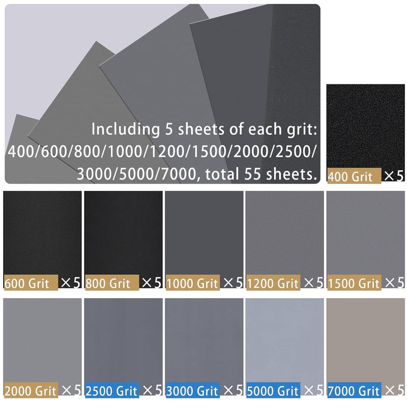 LCubro 55PCS Sandpaper, Wet Dry Sandpaper, High Grit 400 600 800 1000 1200 1500 2000 2500 3000 5000 7000 Grit Sandpaper Sheets (400-7000 Grit, 55 Sheets) - Image 2